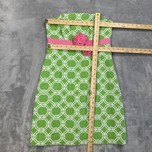 Lilly Pulitzer Strapless Dress Women’s 2 Green Pink Geometric Rosette Cotton - Picture 3 of 7
